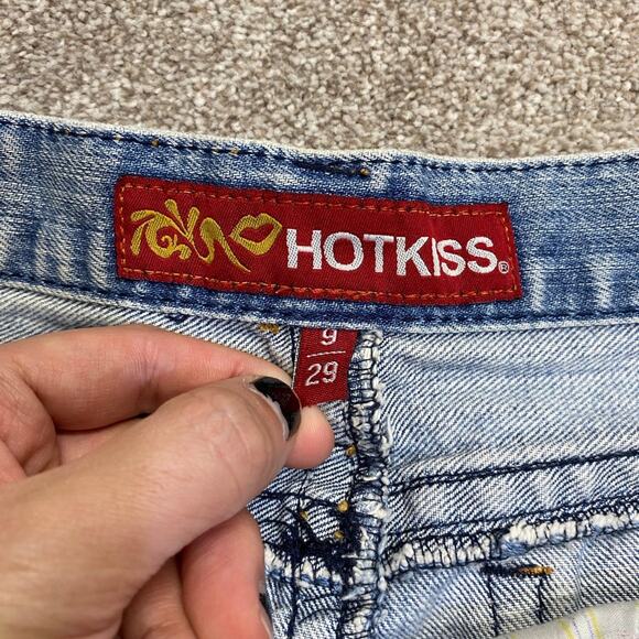 Y2K 00s Vtg Distress Hot Kiss Denim Mini Skirt 9 Frayed Hem Embroidered Low rise - Picture 8 of 12